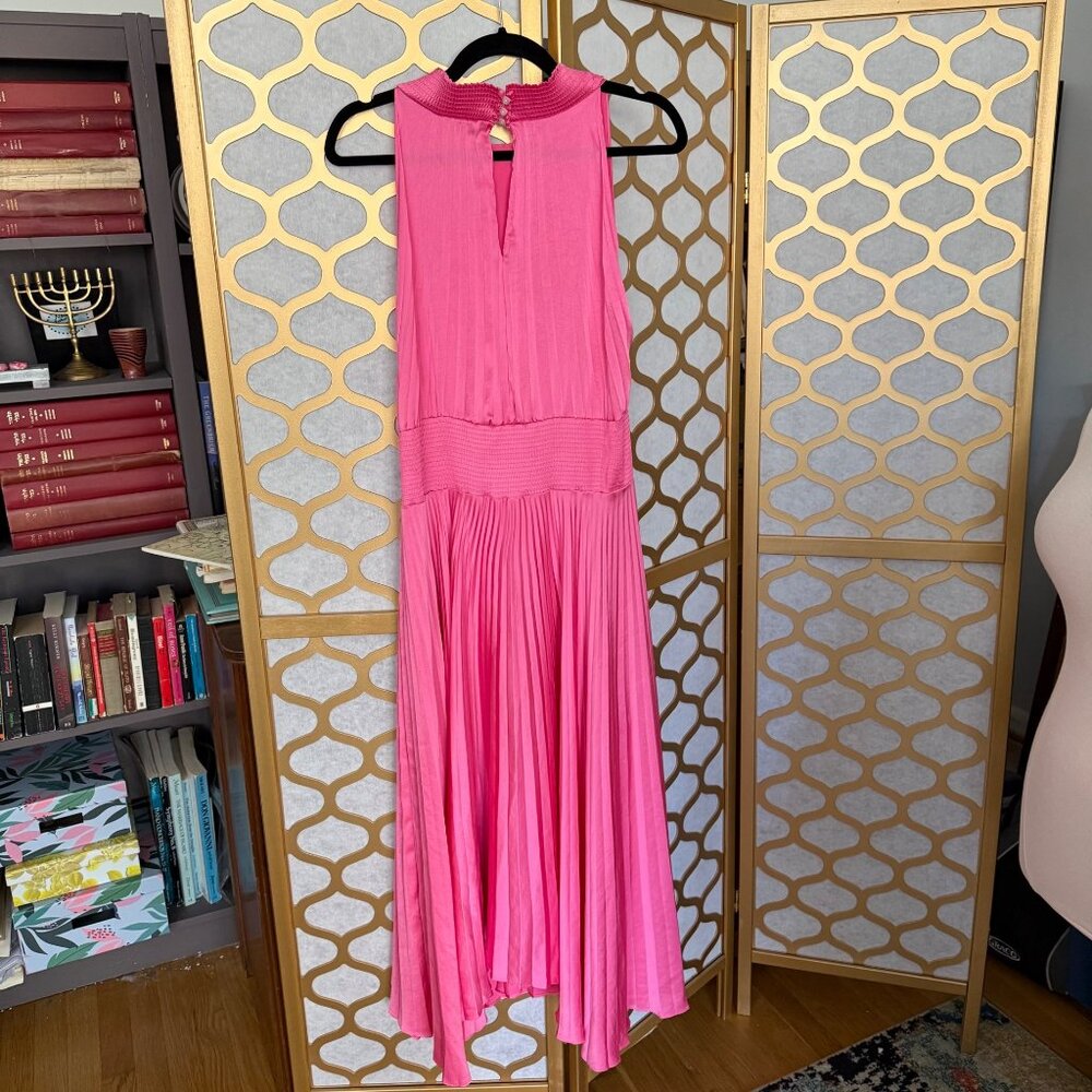 A.L.C. Size 6 Pink Satin Renzo Sleeveless Pleated Smocked Blouson Midi Dress - Picture 3 of 16